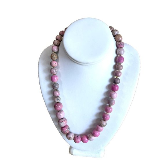 Artisan Jewelry - Hand Crafted Artisan Natural Pink Rhodonite Stone Beaded Strand Necklace 21"